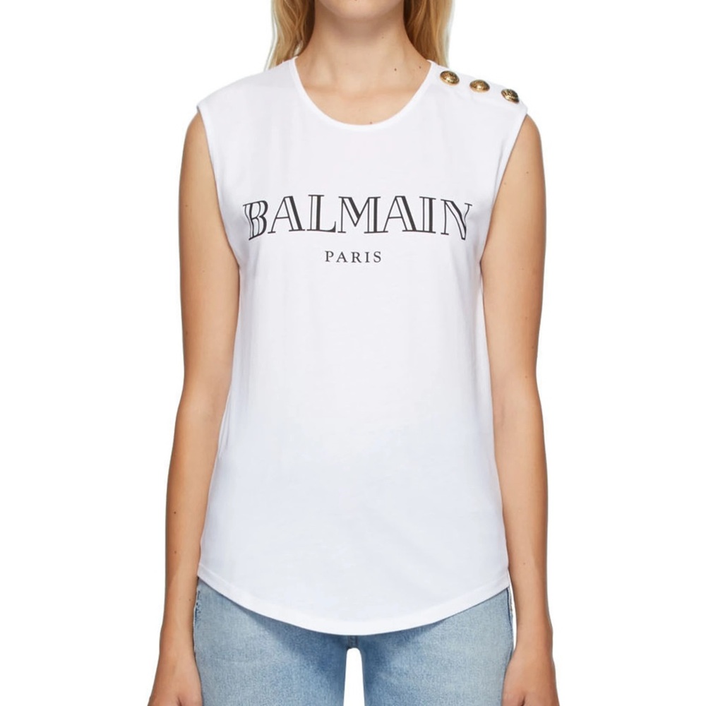 Balmain White 36 S/M 3-button Logo Tank Top Shirt